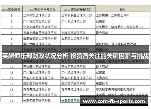 英超俱乐部财政状况分析 投资者关注的关键因素与挑战 英超俱乐部财政状况分析 投资者关注的关键因素与挑战