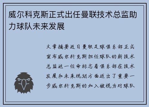 威尔科克斯正式出任曼联技术总监助力球队未来发展